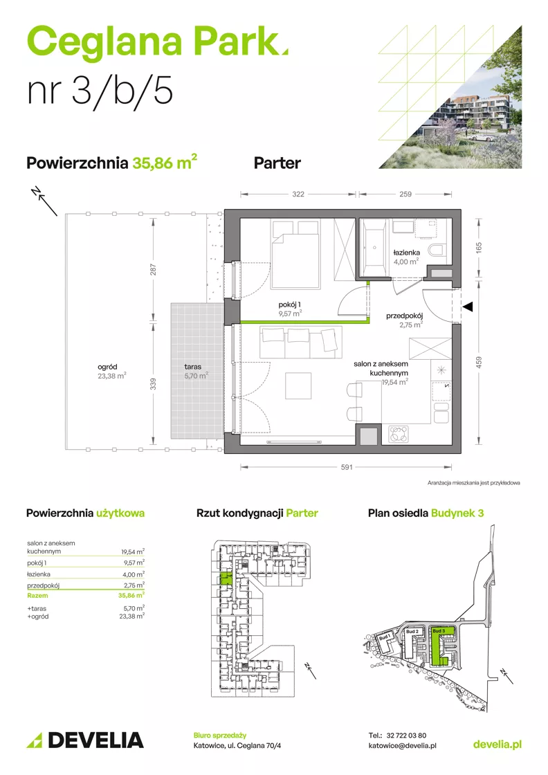 2 pokoje, mieszkanie 35,89 m², parter, oferta nr B3/B/05, Ceglana Park VII, Katowice, Brynów-Osiedle Zgrzebnioka, Brynów, ul. Ceglana