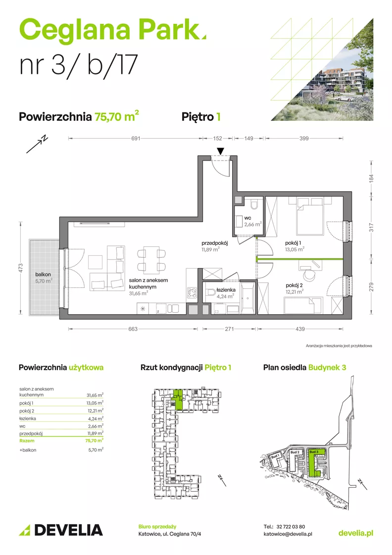 3 pokoje, mieszkanie 75,59 m², piętro 1, oferta nr B3/B/17, Ceglana Park VII, Katowice, Brynów-Osiedle Zgrzebnioka, Brynów, ul. Ceglana
