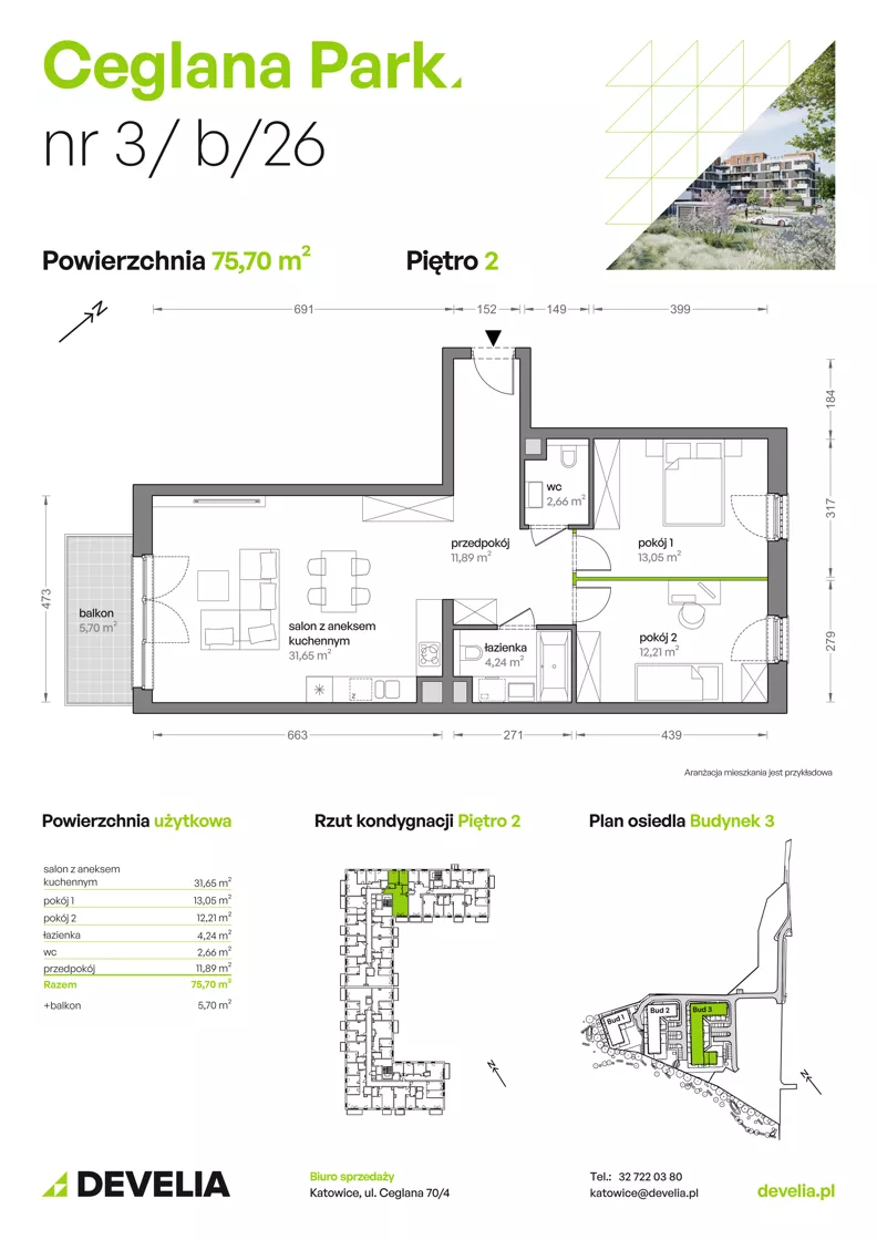 3 pokoje, mieszkanie 75,42 m², piętro 2, oferta nr B3/B/26, Ceglana Park VII, Katowice, Brynów-Osiedle Zgrzebnioka, Brynów, ul. Ceglana