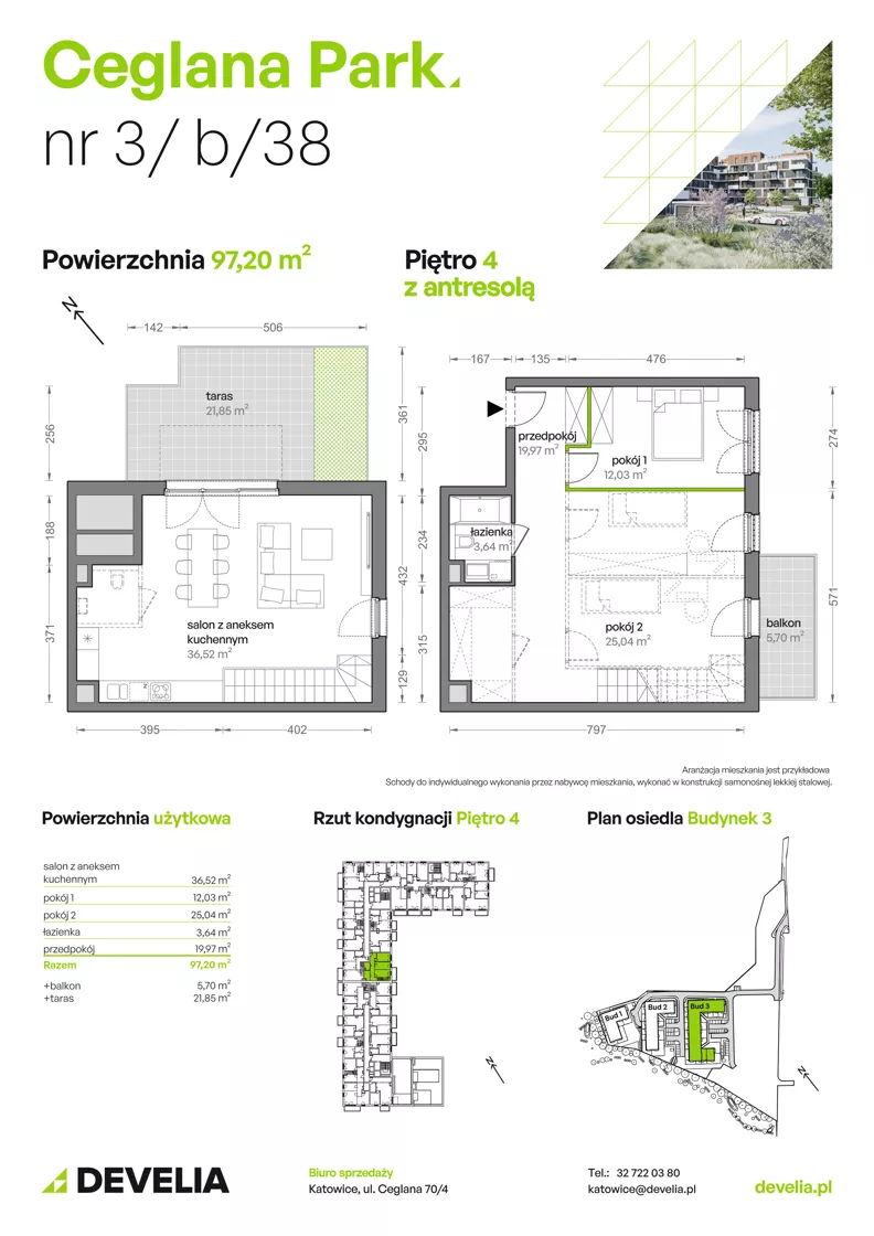 4 pokoje, mieszkanie 97,61 m², piętro 4, oferta nr B3/B/38, Ceglana Park VII, Katowice, Brynów-Osiedle Zgrzebnioka, Brynów, ul. Ceglana
