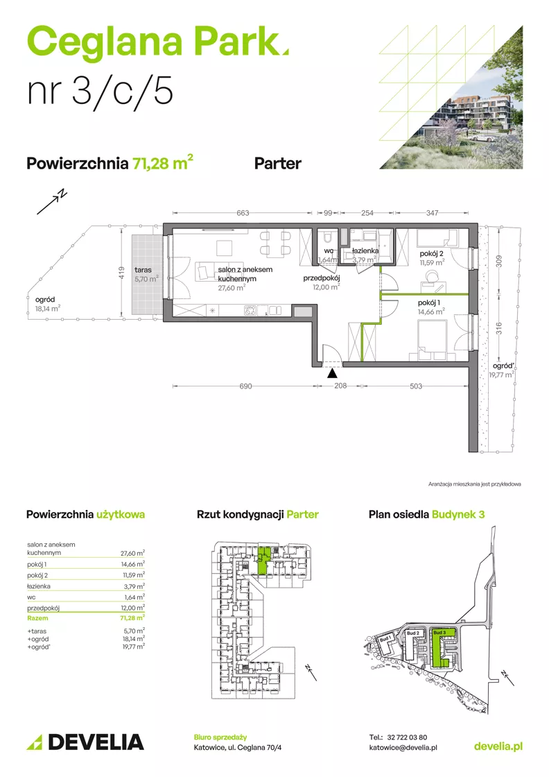 3 pokoje, mieszkanie 71,34 m², parter, oferta nr B3/C/05, Ceglana Park VII, Katowice, Brynów-Osiedle Zgrzebnioka, Brynów, ul. Ceglana