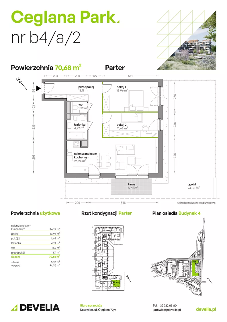 3 pokoje, mieszkanie 70,68 m², parter, oferta nr B4/A/02, Ceglana Park VIII, Katowice, Brynów-Osiedle Zgrzebnioka, Brynów, ul. Ceglana
