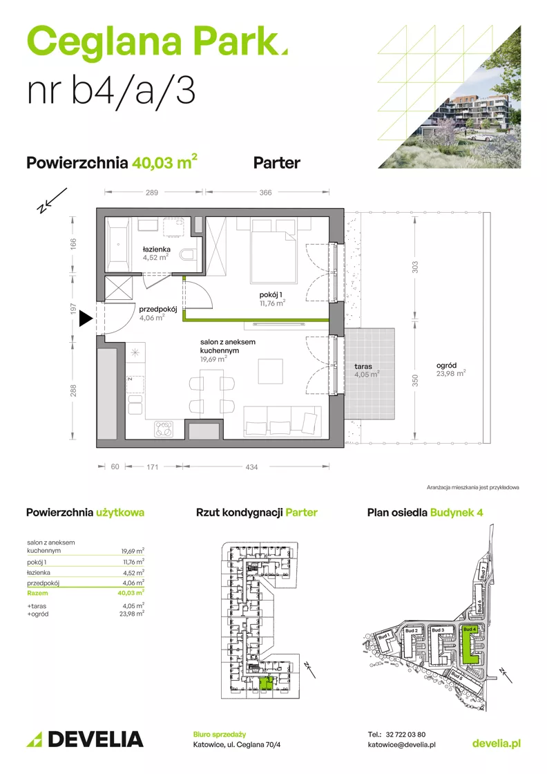 2 pokoje, mieszkanie 40,03 m², parter, oferta nr B4/A/03, Ceglana Park VIII, Katowice, Brynów-Osiedle Zgrzebnioka, Brynów, ul. Ceglana
