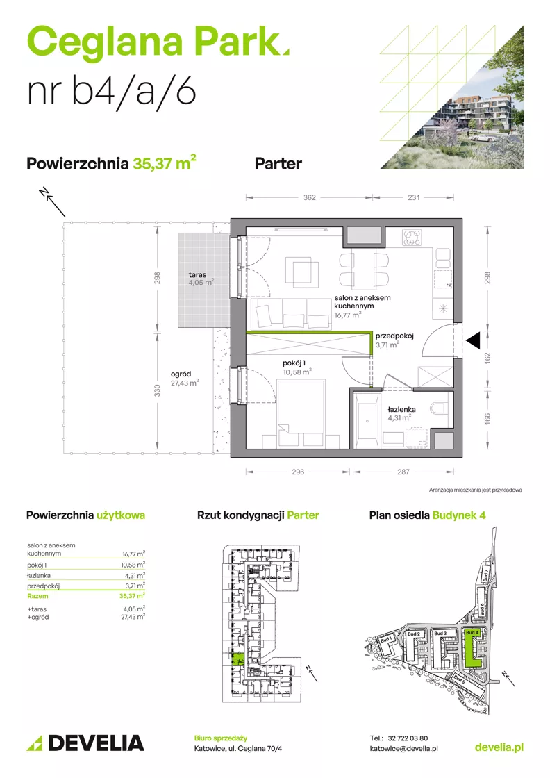 2 pokoje, mieszkanie 35,37 m², parter, oferta nr B4/A/06, Ceglana Park VIII, Katowice, Brynów-Osiedle Zgrzebnioka, Brynów, ul. Ceglana