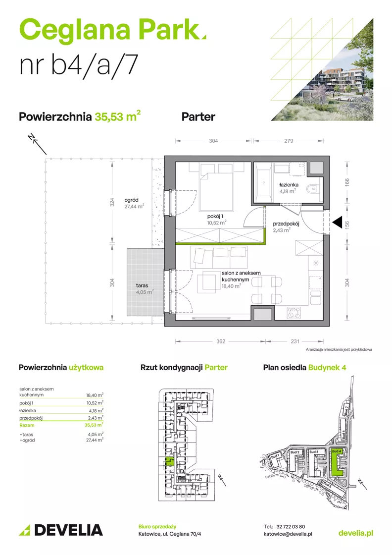 2 pokoje, mieszkanie 35,53 m², parter, oferta nr B4/A/07, Ceglana Park VIII, Katowice, Brynów-Osiedle Zgrzebnioka, Brynów, ul. Ceglana