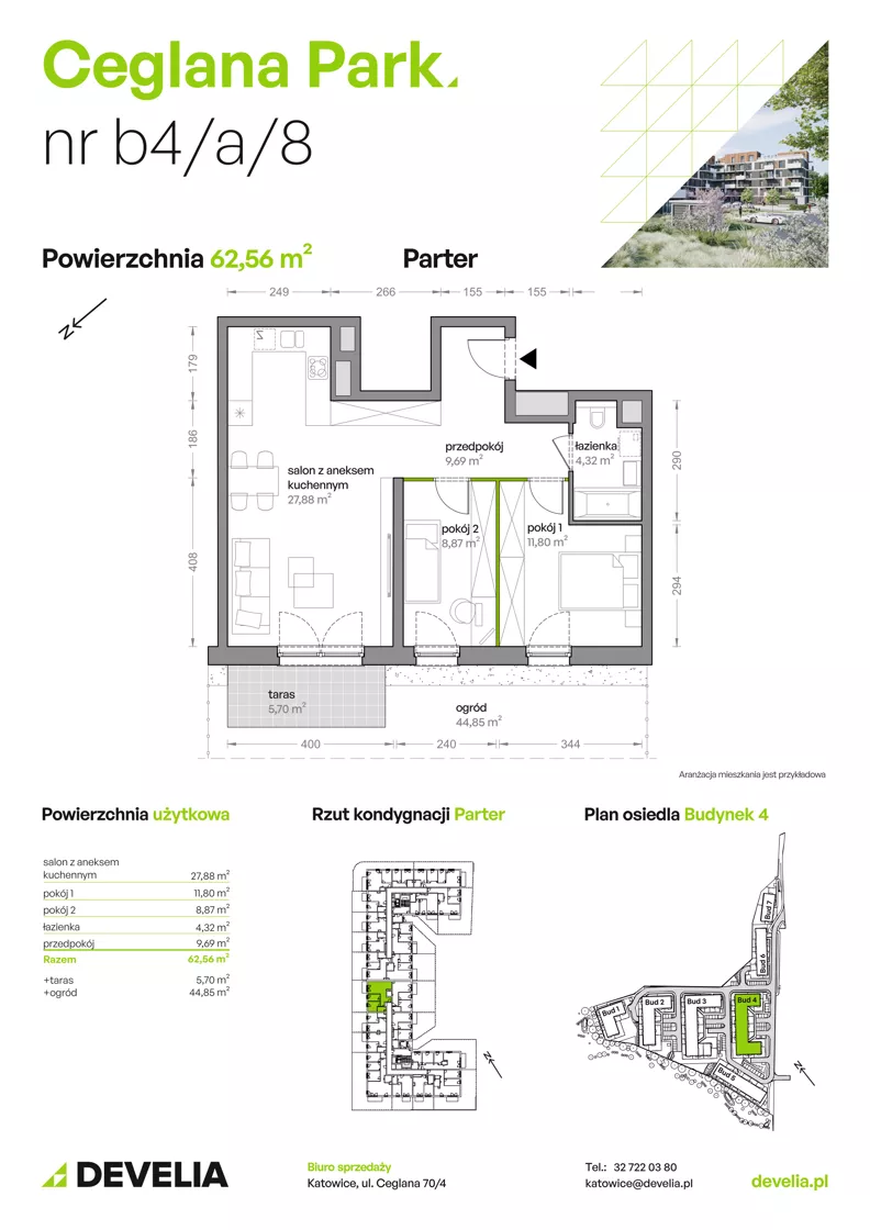 3 pokoje, mieszkanie 62,56 m², parter, oferta nr B4/A/08, Ceglana Park VIII, Katowice, Brynów-Osiedle Zgrzebnioka, Brynów, ul. Ceglana