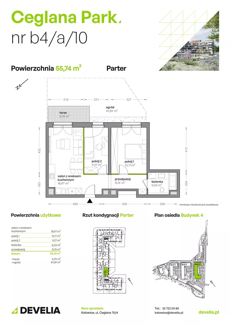 3 pokoje, mieszkanie 55,74 m², parter, oferta nr B4/A/10, Ceglana Park VIII, Katowice, Brynów-Osiedle Zgrzebnioka, Brynów, ul. Ceglana