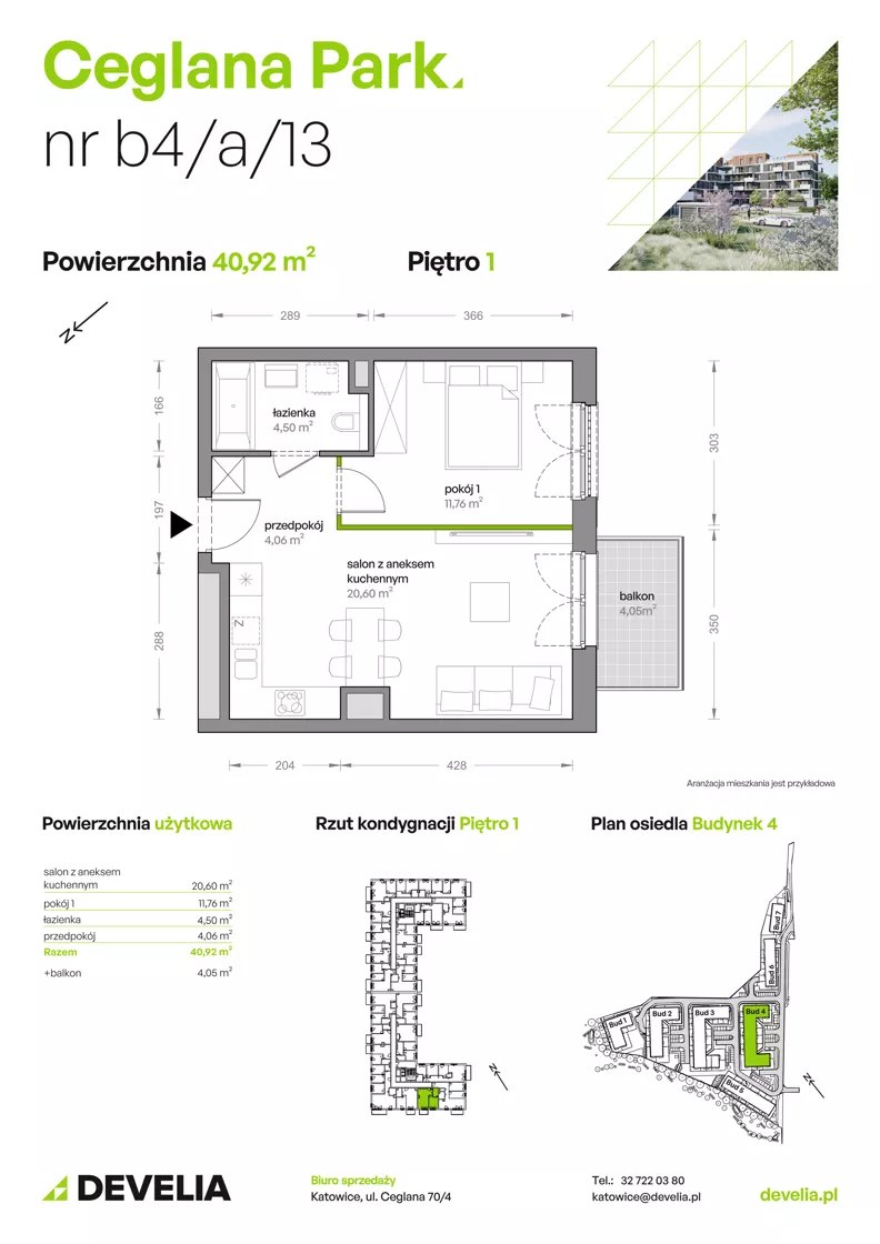 2 pokoje, mieszkanie 40,92 m², piętro 1, oferta nr B4/A/13, Ceglana Park VIII, Katowice, Brynów-Osiedle Zgrzebnioka, Brynów, ul. Ceglana