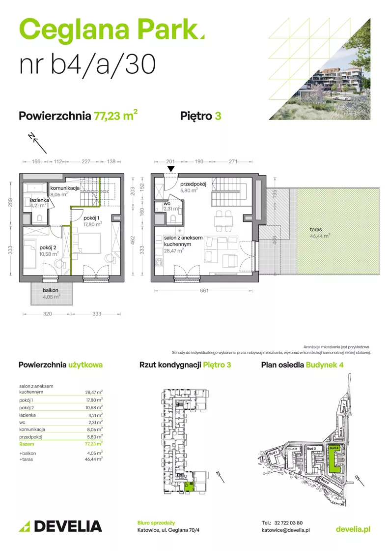 3 pokoje, mieszkanie 77,23 m², piętro 3, oferta nr B4/A/30, Ceglana Park VIII, Katowice, Brynów-Osiedle Zgrzebnioka, Brynów, ul. Ceglana