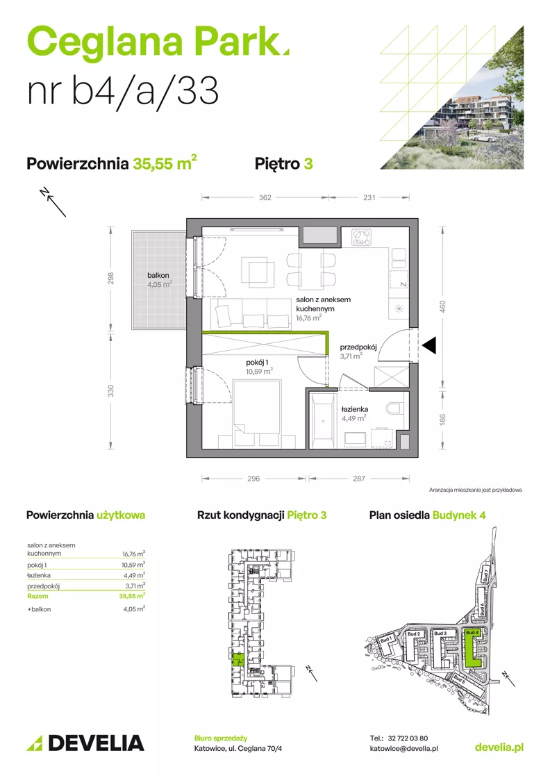 2 pokoje, mieszkanie 35,55 m², piętro 3, oferta nr B4/A/33, Ceglana Park VIII, Katowice, Brynów-Osiedle Zgrzebnioka, Brynów, ul. Ceglana