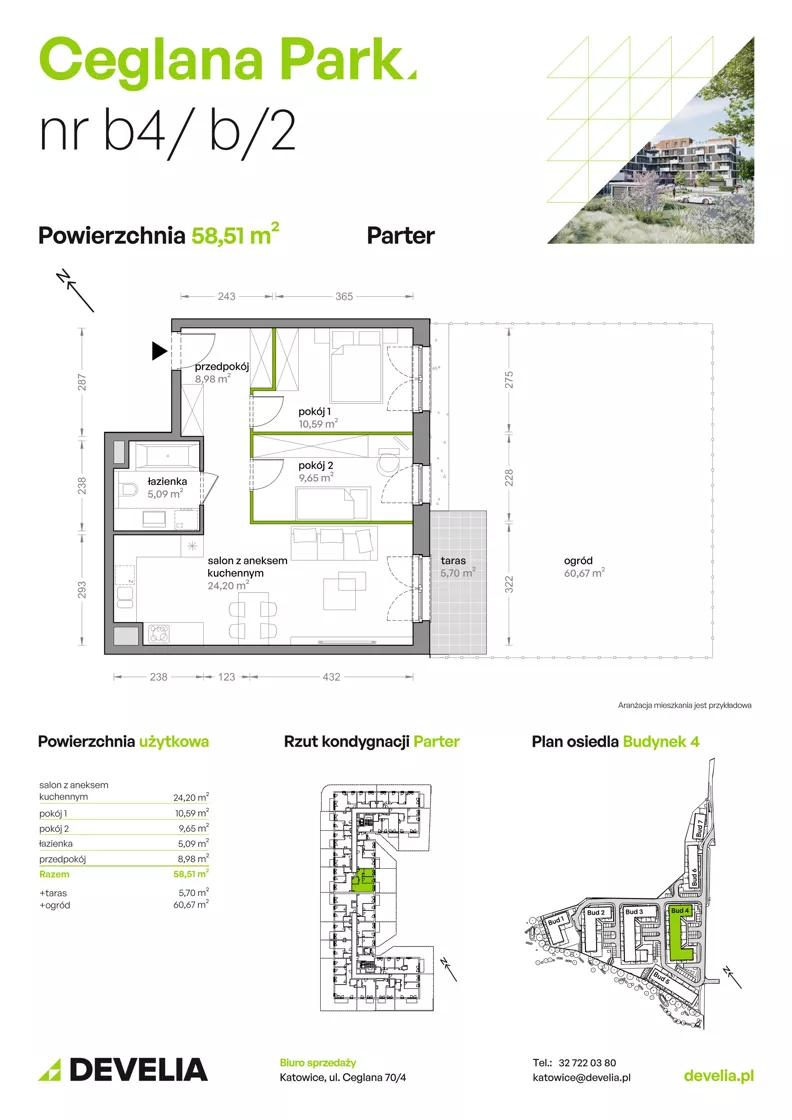 3 pokoje, mieszkanie 58,51 m², parter, oferta nr B4/B/02, Ceglana Park VIII, Katowice, Brynów-Osiedle Zgrzebnioka, Brynów, ul. Ceglana