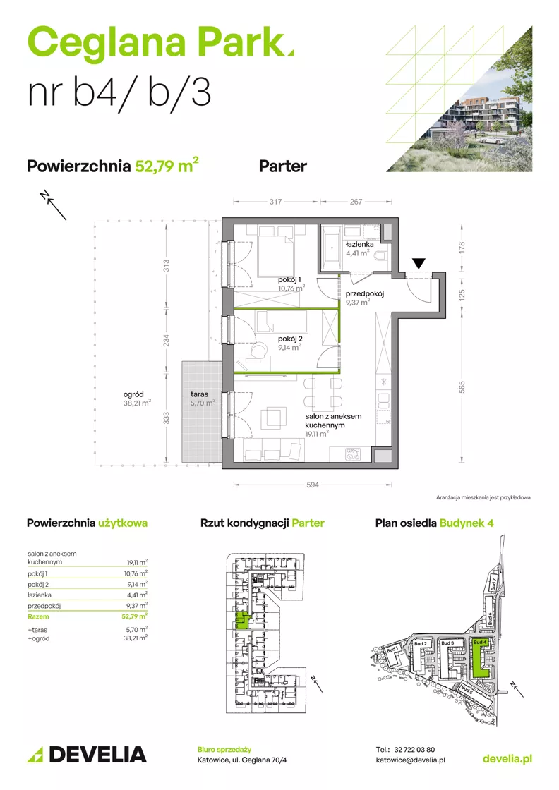 3 pokoje, mieszkanie 52,79 m², parter, oferta nr B4/B/03, Ceglana Park VIII, Katowice, Brynów-Osiedle Zgrzebnioka, Brynów, ul. Ceglana