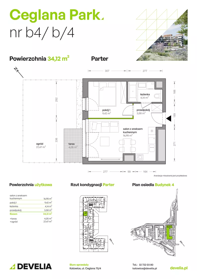 2 pokoje, mieszkanie 34,12 m², parter, oferta nr B4/B/04, Ceglana Park VIII, Katowice, Brynów-Osiedle Zgrzebnioka, Brynów, ul. Ceglana