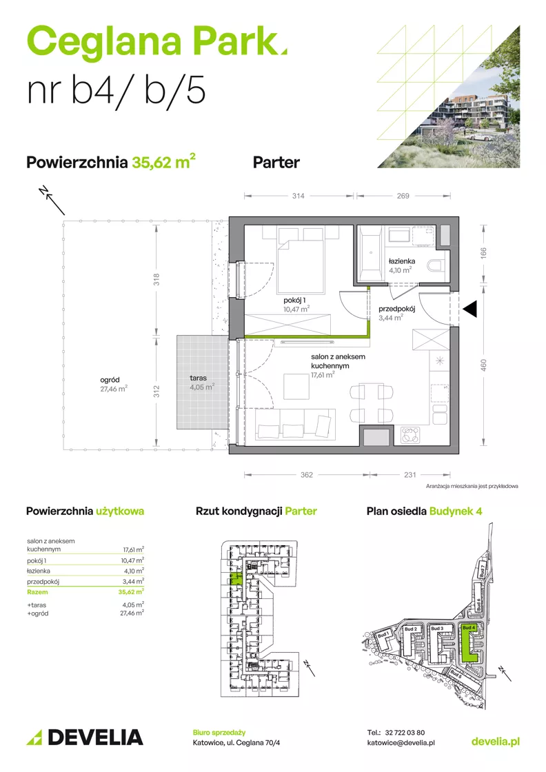 2 pokoje, mieszkanie 35,62 m², parter, oferta nr B4/B/05, Ceglana Park VIII, Katowice, Brynów-Osiedle Zgrzebnioka, Brynów, ul. Ceglana