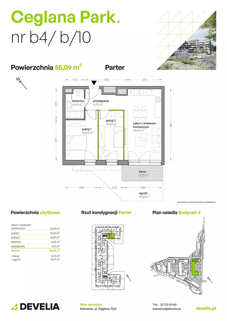 3 pokoje, mieszkanie 55,09 m², parter, oferta nr B4/B/10, Ceglana Park VIII, Katowice, Brynów-Osiedle Zgrzebnioka, Brynów, ul. Ceglana