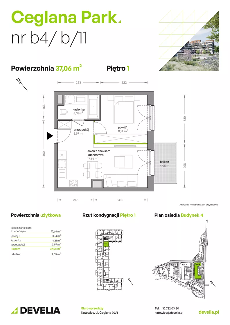 2 pokoje, mieszkanie 37,06 m², piętro 1, oferta nr B4/B/11, Ceglana Park VIII, Katowice, Brynów-Osiedle Zgrzebnioka, Brynów, ul. Ceglana