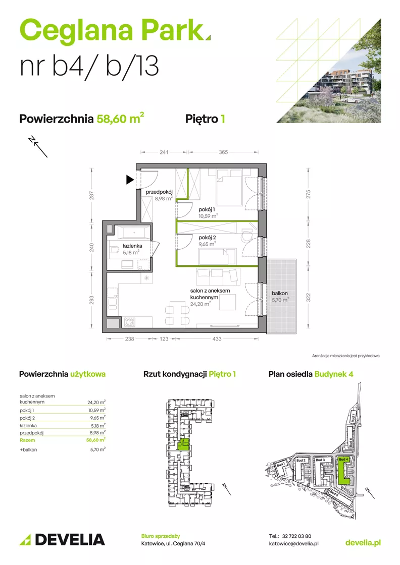 3 pokoje, mieszkanie 58,60 m², piętro 1, oferta nr B4/B/13, Ceglana Park VIII, Katowice, Brynów-Osiedle Zgrzebnioka, Brynów, ul. Ceglana