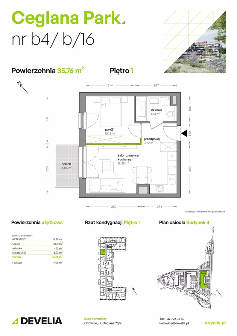 2 pokoje, mieszkanie 35,76 m², piętro 1, oferta nr B4/B/16, Ceglana Park VIII, Katowice, Brynów-Osiedle Zgrzebnioka, Brynów, ul. Ceglana