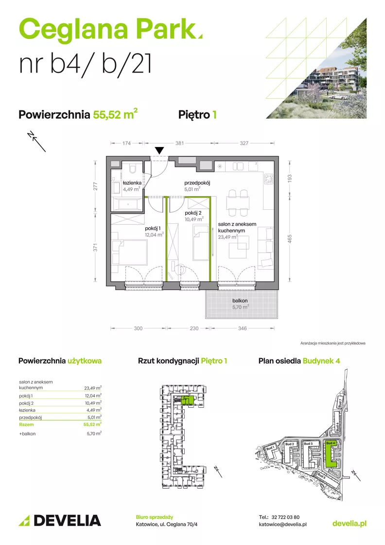3 pokoje, mieszkanie 55,52 m², piętro 1, oferta nr B4/B/21, Ceglana Park VIII, Katowice, Brynów-Osiedle Zgrzebnioka, Brynów, ul. Ceglana