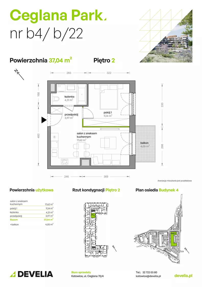 2 pokoje, mieszkanie 37,04 m², piętro 2, oferta nr B4/B/22, Ceglana Park VIII, Katowice, Brynów-Osiedle Zgrzebnioka, Brynów, ul. Ceglana