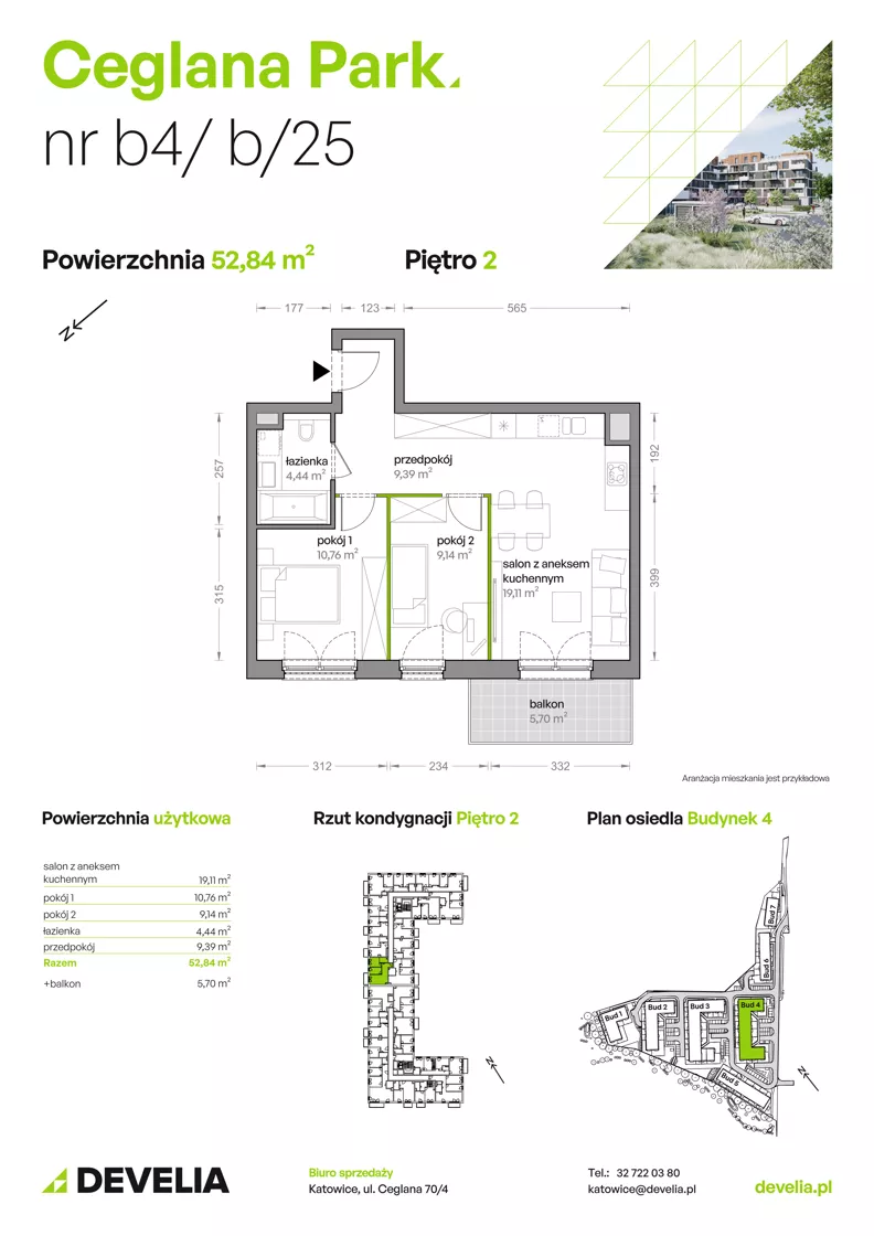 3 pokoje, mieszkanie 52,84 m², piętro 2, oferta nr B4/B/25, Ceglana Park VIII, Katowice, Brynów-Osiedle Zgrzebnioka, Brynów, ul. Ceglana