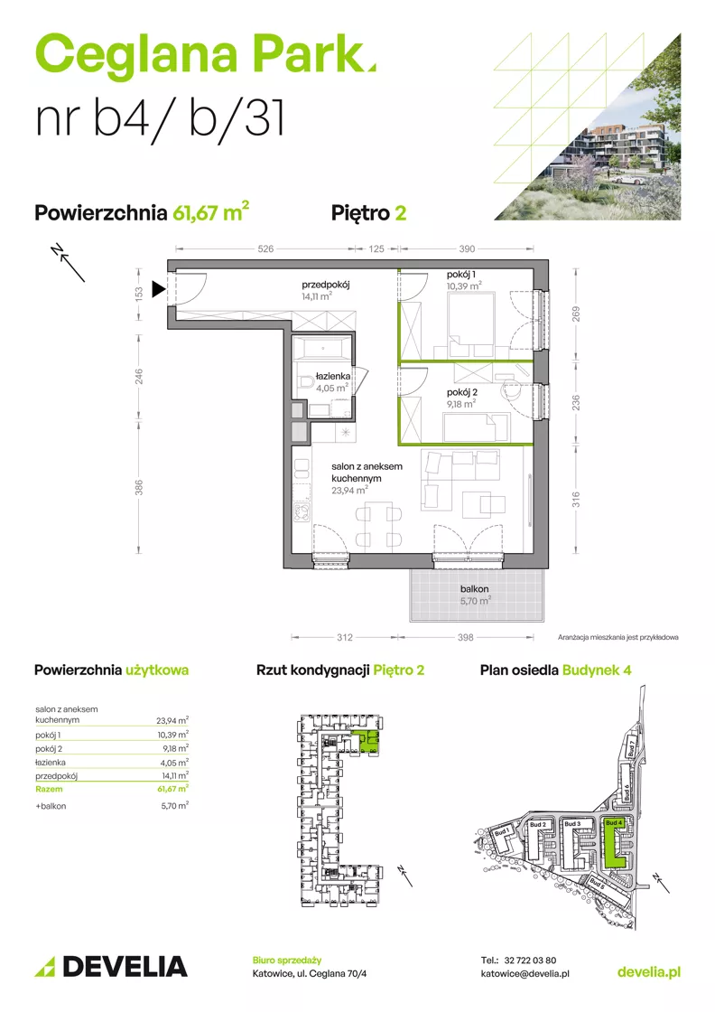 3 pokoje, mieszkanie 61,67 m², piętro 2, oferta nr B4/B/31, Ceglana Park VIII, Katowice, Brynów-Osiedle Zgrzebnioka, Brynów, ul. Ceglana