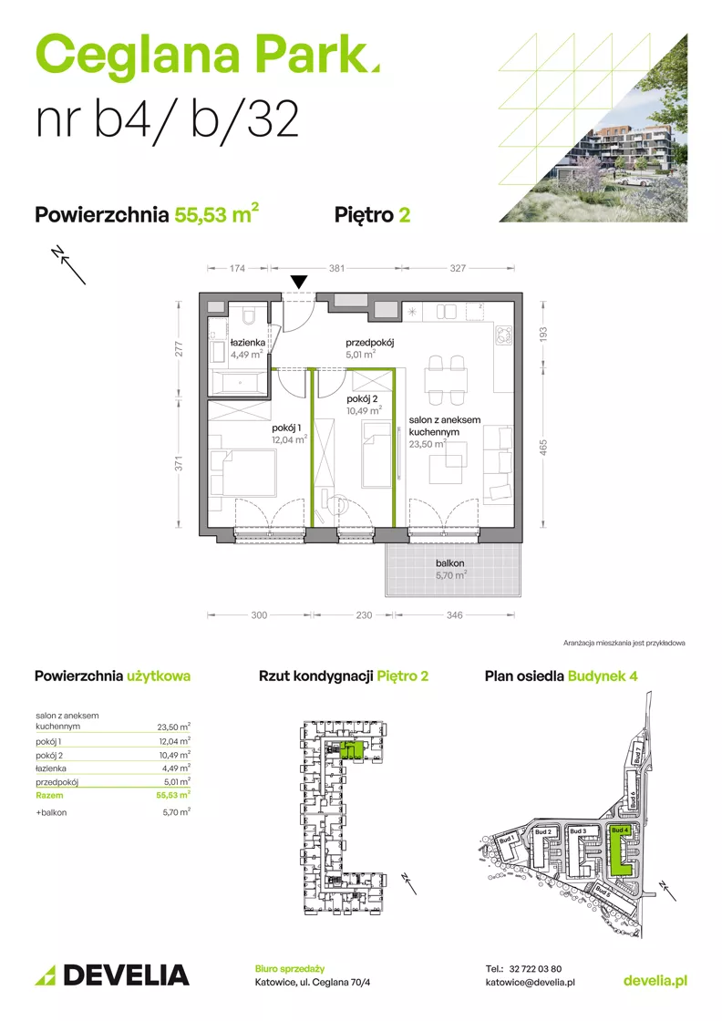 3 pokoje, mieszkanie 55,53 m², piętro 2, oferta nr B4/B/32, Ceglana Park VIII, Katowice, Brynów-Osiedle Zgrzebnioka, Brynów, ul. Ceglana