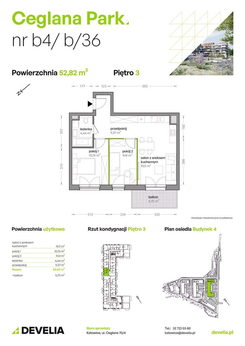 3 pokoje, mieszkanie 52,82 m², piętro 3, oferta nr B4/B/36, Ceglana Park VIII, Katowice, Brynów-Osiedle Zgrzebnioka, Brynów, ul. Ceglana