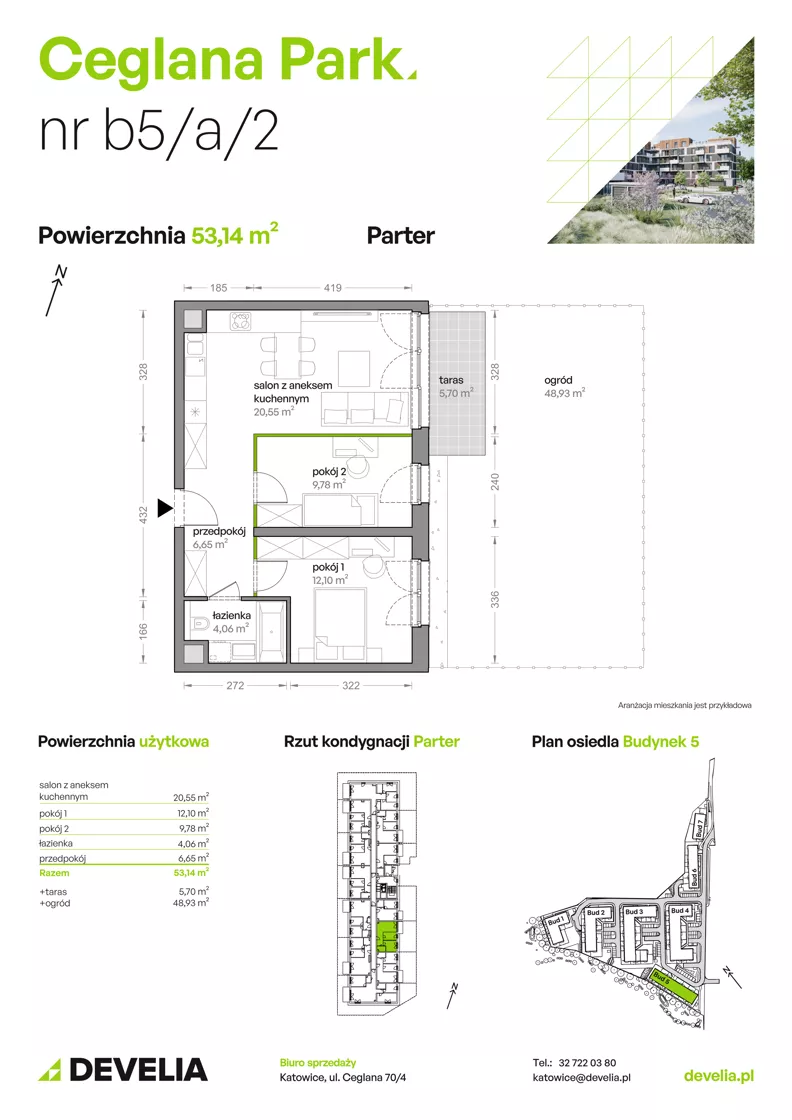 3 pokoje, mieszkanie 53,14 m², parter, oferta nr B5/A/02, Ceglana Park VIII, Katowice, Brynów-Osiedle Zgrzebnioka, Brynów, ul. Ceglana