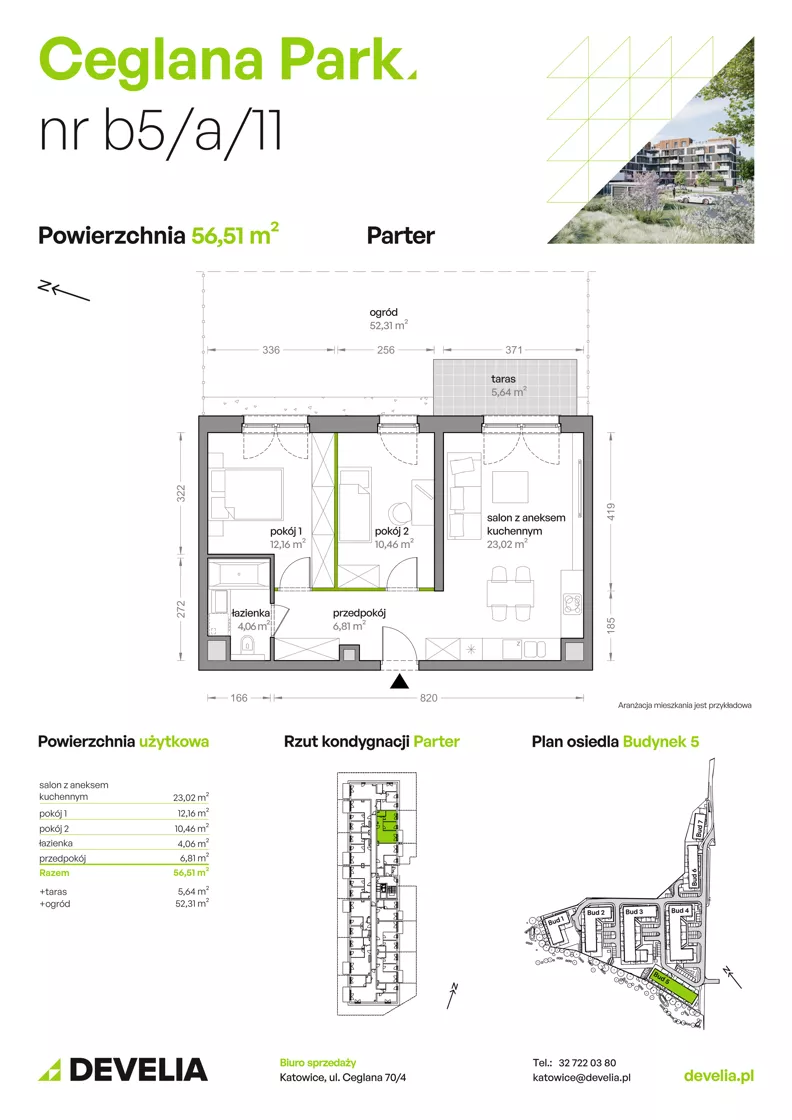 3 pokoje, mieszkanie 56,51 m², parter, oferta nr B5/A/11, Ceglana Park VIII, Katowice, Brynów-Osiedle Zgrzebnioka, Brynów, ul. Ceglana