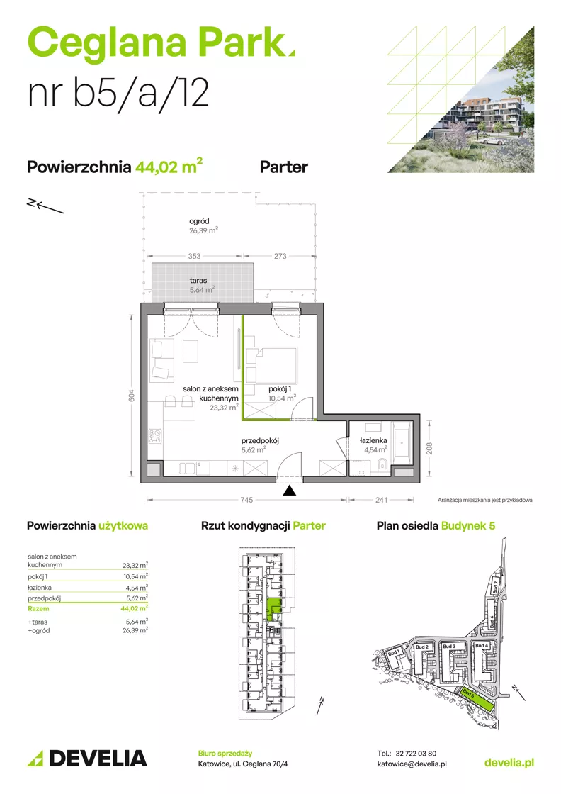 2 pokoje, mieszkanie 44,02 m², parter, oferta nr B5/A/12, Ceglana Park VIII, Katowice, Brynów-Osiedle Zgrzebnioka, Brynów, ul. Ceglana