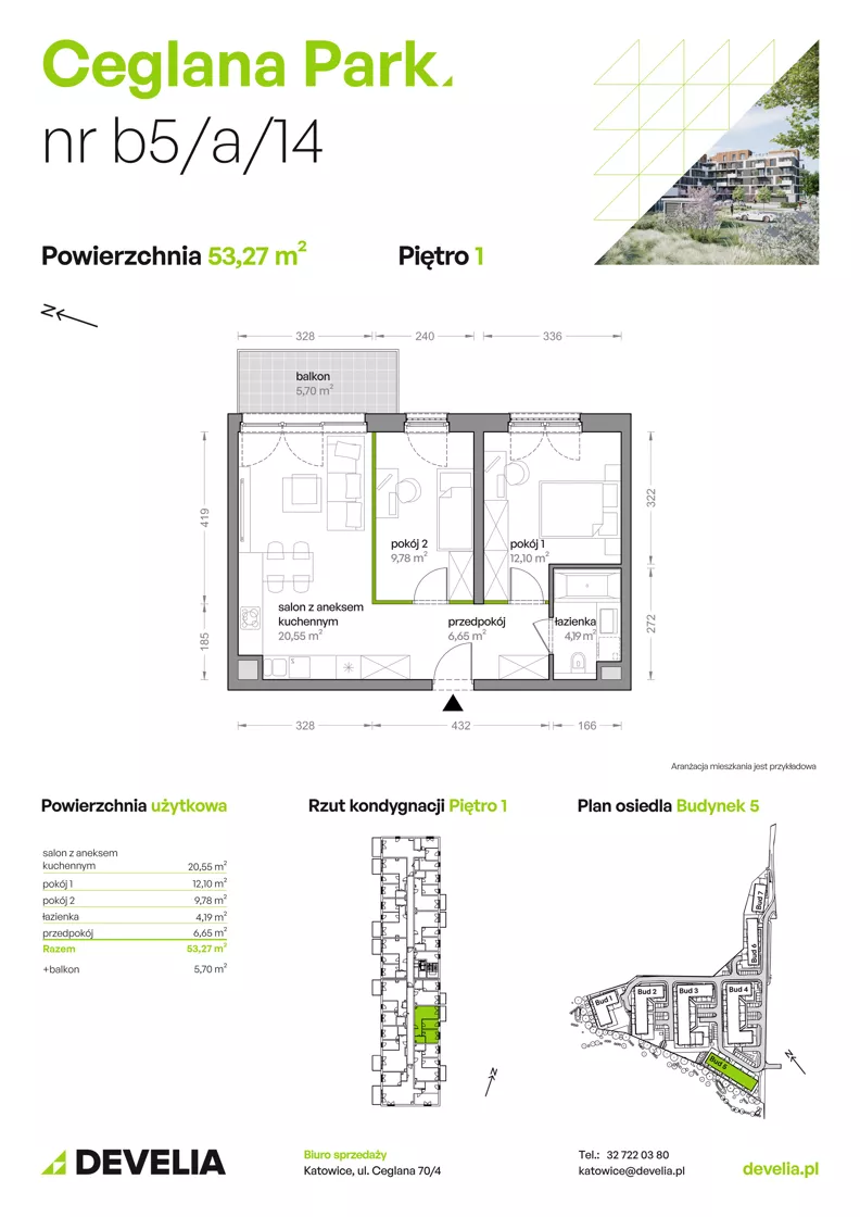 3 pokoje, mieszkanie 53,27 m², piętro 1, oferta nr B5/A/14, Ceglana Park VIII, Katowice, Brynów-Osiedle Zgrzebnioka, Brynów, ul. Ceglana