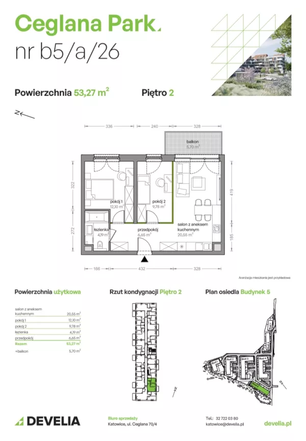 3 pokoje, mieszkanie 53,27 m², piętro 2, oferta nr B5/A/26, Ceglana Park VIII, Katowice, Brynów-Osiedle Zgrzebnioka, Brynów, ul. Ceglana