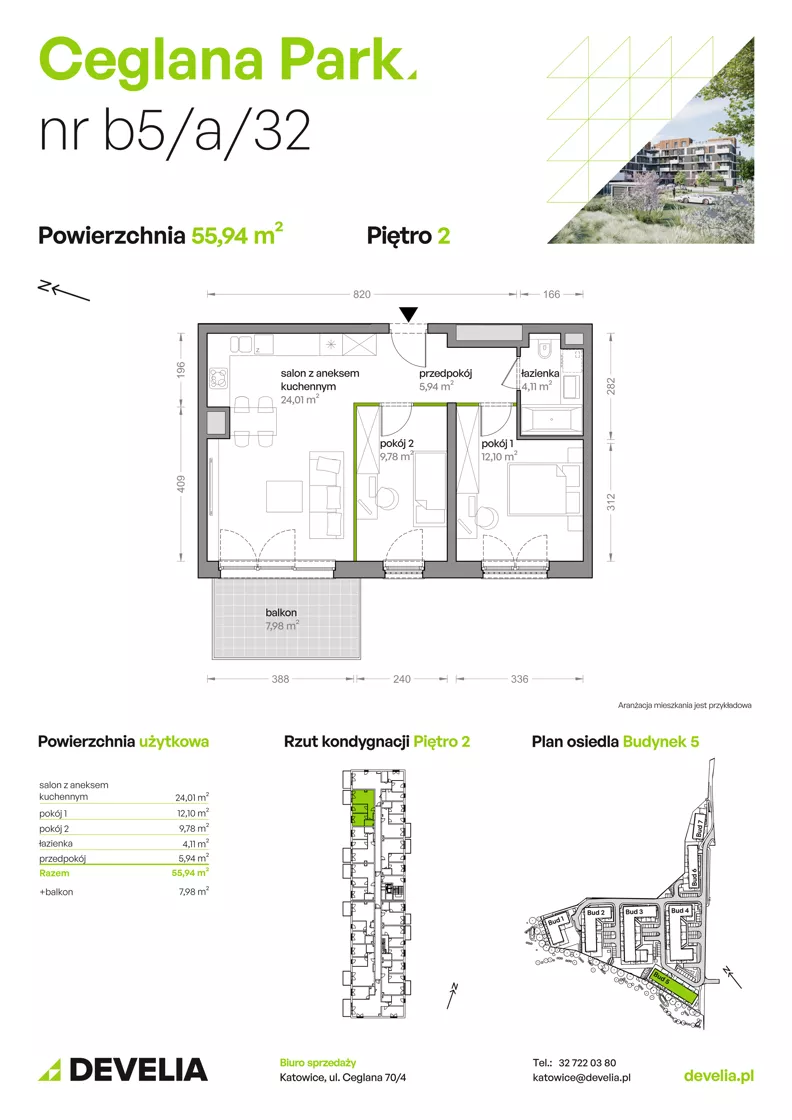 3 pokoje, mieszkanie 55,94 m², piętro 2, oferta nr B5/A/32, Ceglana Park VIII, Katowice, Brynów-Osiedle Zgrzebnioka, Brynów, ul. Ceglana