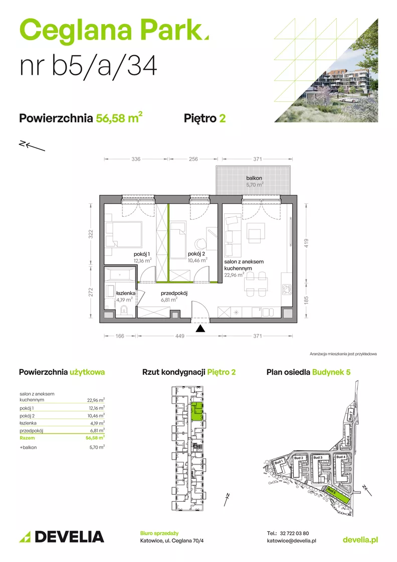 3 pokoje, mieszkanie 56,58 m², piętro 2, oferta nr B5/A/34, Ceglana Park VIII, Katowice, Brynów-Osiedle Zgrzebnioka, Brynów, ul. Ceglana