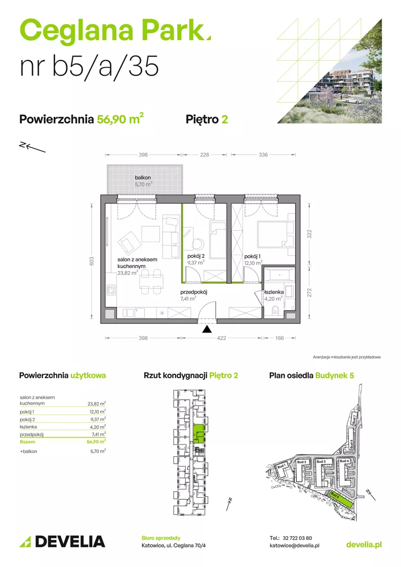 3 pokoje, mieszkanie 56,90 m², piętro 2, oferta nr B5/A/35, Ceglana Park VIII, Katowice, Brynów-Osiedle Zgrzebnioka, Brynów, ul. Ceglana