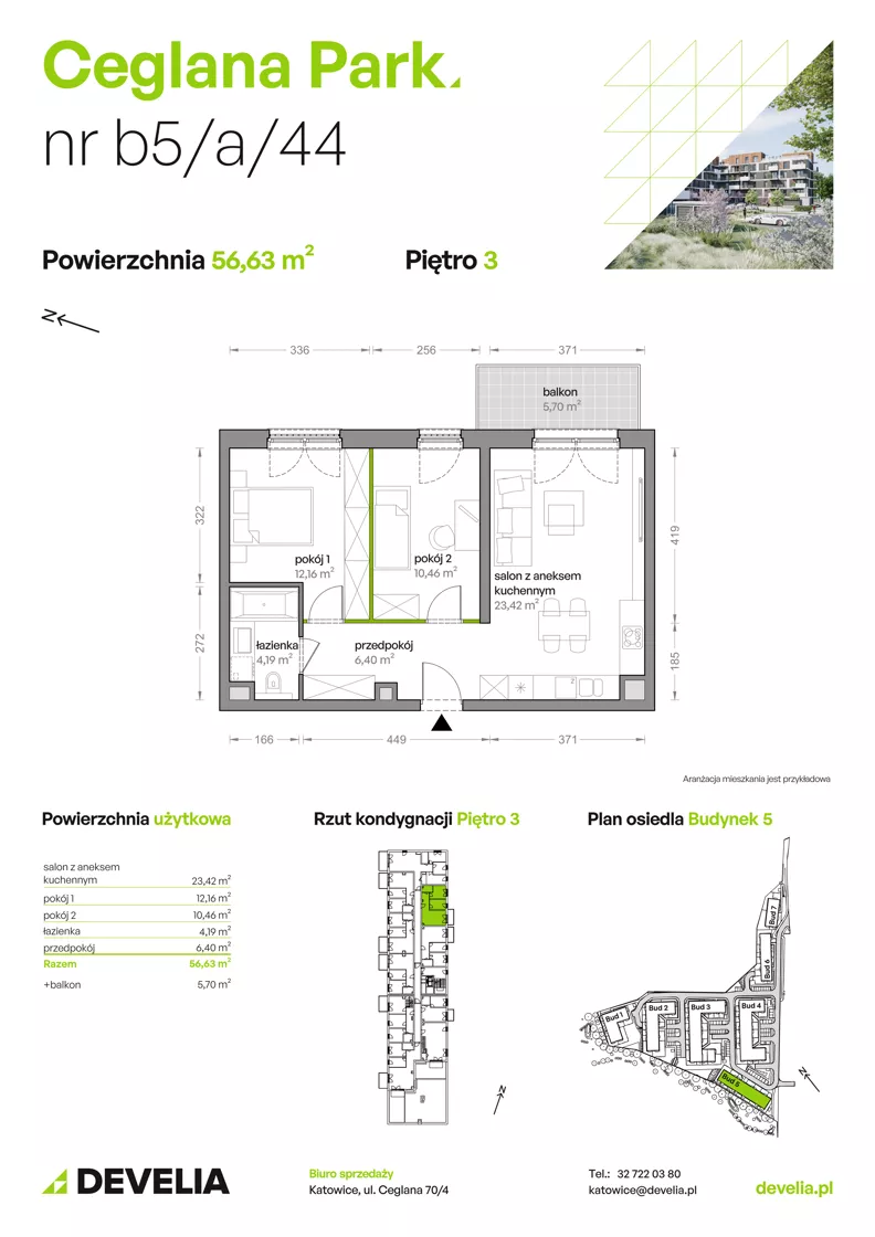 3 pokoje, mieszkanie 56,63 m², piętro 3, oferta nr B5/A/44, Ceglana Park VIII, Katowice, Brynów-Osiedle Zgrzebnioka, Brynów, ul. Ceglana