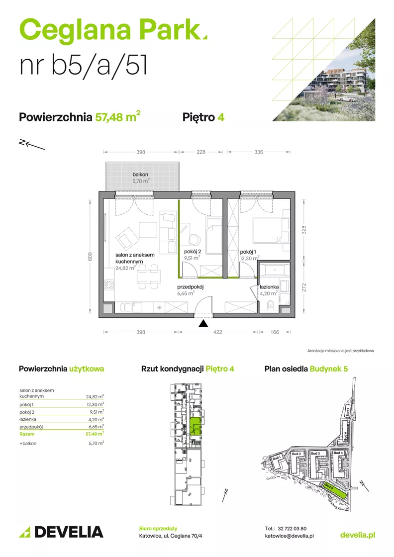 3 pokoje, mieszkanie 57,48 m², piętro 4, oferta nr B5/A/51, Ceglana Park VIII, Katowice, Brynów-Osiedle Zgrzebnioka, Brynów, ul. Ceglana
