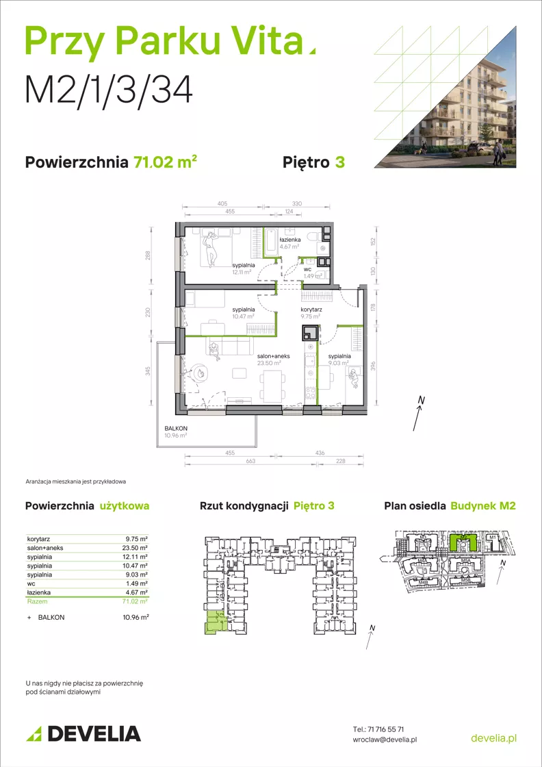 4 pokoje, mieszkanie 71,02 m², piętro 3, oferta nr M2/1/3/34, Przy Parku Vita, Wrocław, Tarnogaj, Krzyki, ul. Międzyleska 2