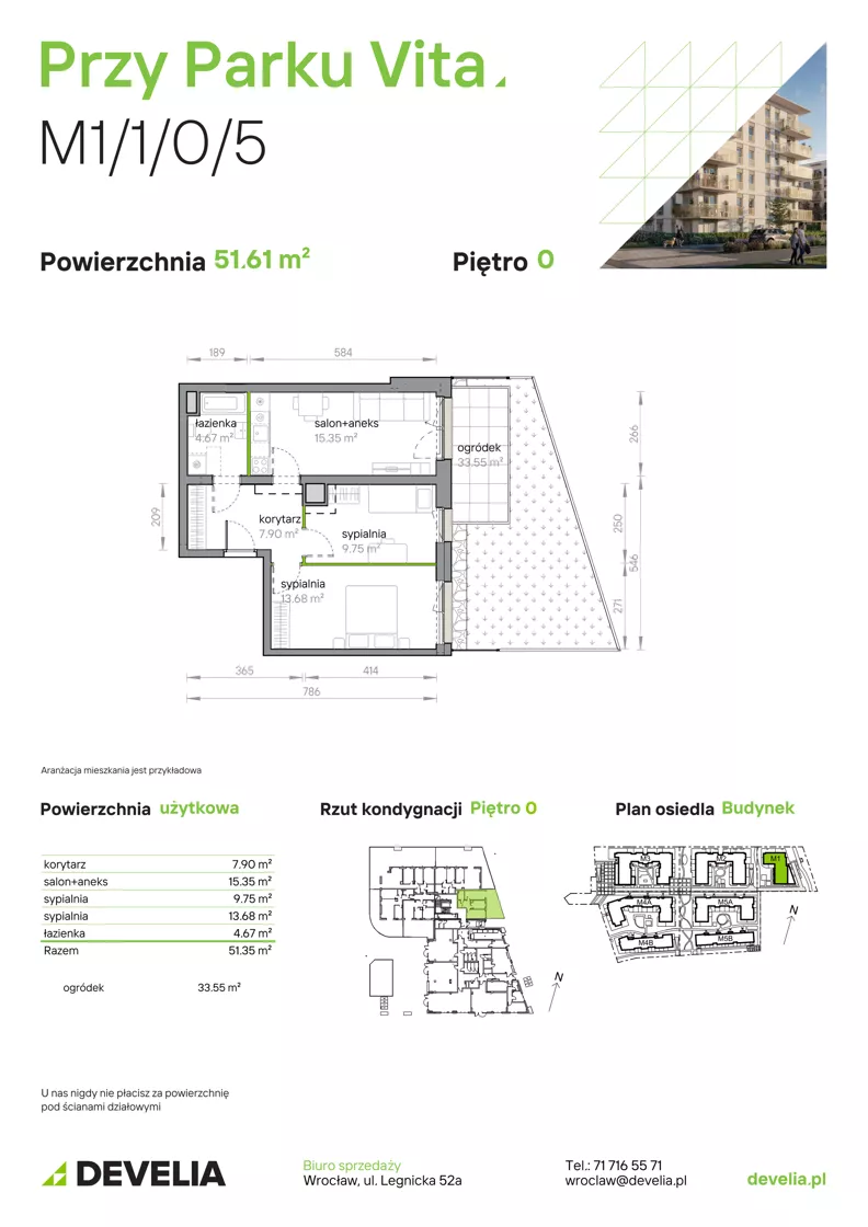 2 pokoje, mieszkanie 51,61 m², parter, oferta nr M1/1/0/05, Przy Parku Vita II etap, Wrocław, Tarnogaj, Krzyki, ul. Międzyleska 2