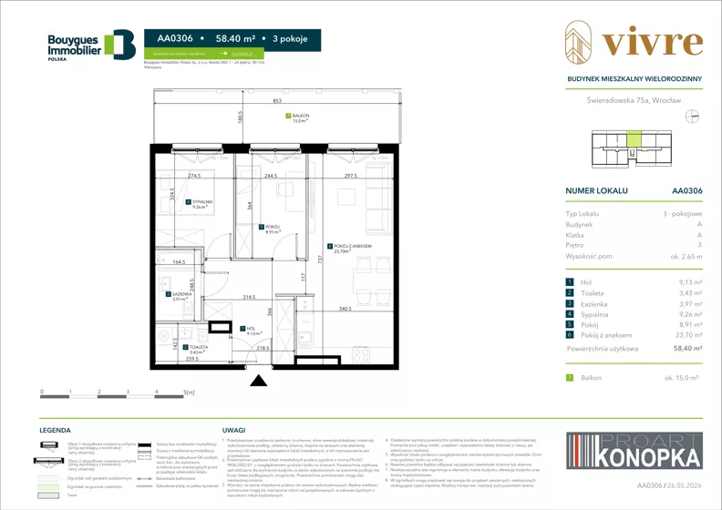 3 pokoje, mieszkanie 58,40 m², piętro 3, oferta nr AA0306, Vivre, Wrocław, Gaj, Świeradowska 75A