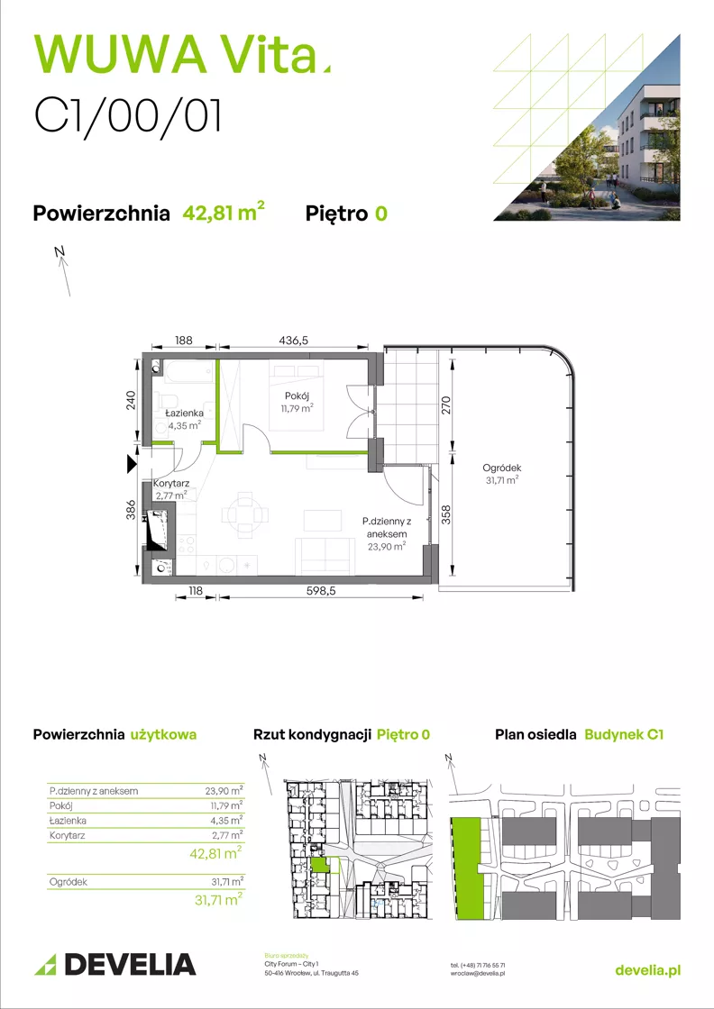 2 pokoje, mieszkanie 42,81 m², parter, oferta nr C1/00/01, WUWA Vita III, Wrocław, Żerniki, Fabryczna, ul. Maya