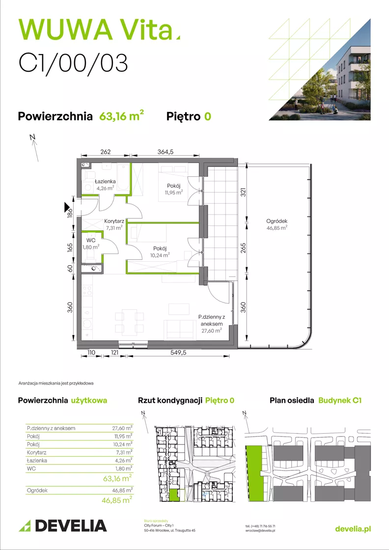 3 pokoje, mieszkanie 63,16 m², parter, oferta nr C1/00/03, WUWA Vita III, Wrocław, Żerniki, Fabryczna, ul. Maya
