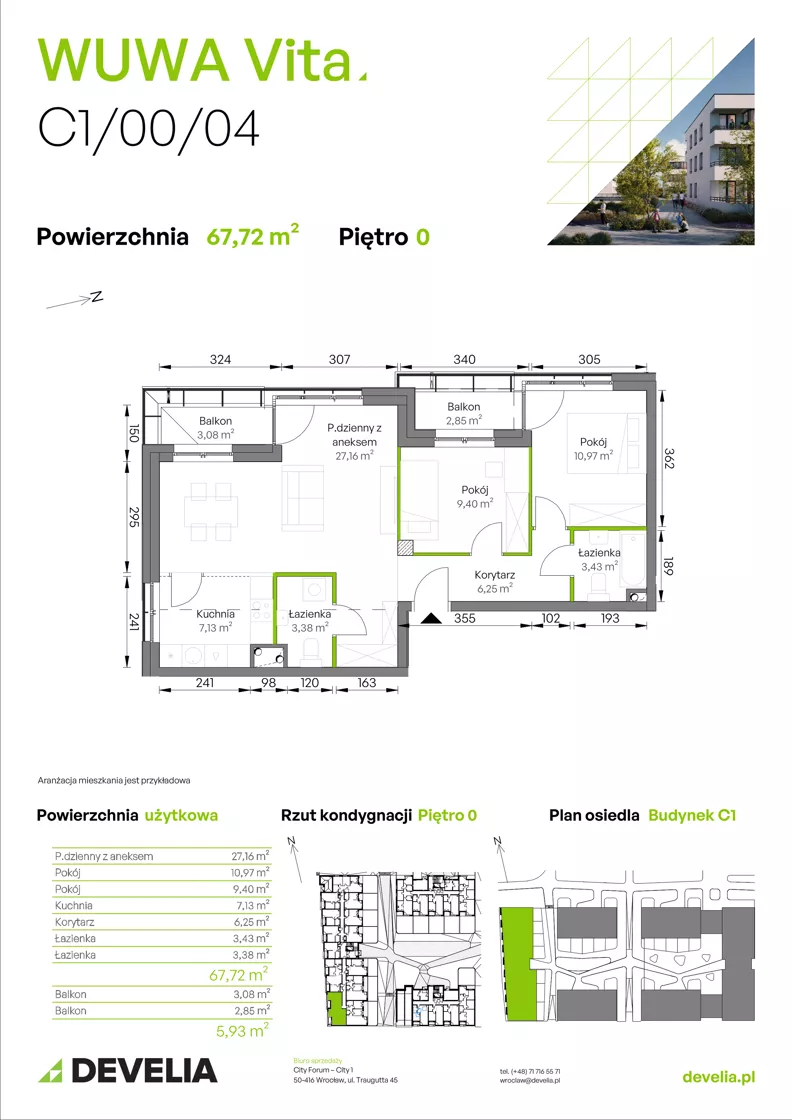 3 pokoje, mieszkanie 67,72 m², parter, oferta nr C1/00/04, WUWA Vita III, Wrocław, Żerniki, Fabryczna, ul. Maya