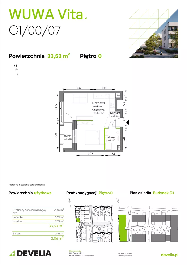 1 pokój, mieszkanie 33,35 m², parter, oferta nr C1/00/07, WUWA Vita III, Wrocław, Żerniki, Fabryczna, ul. Maya