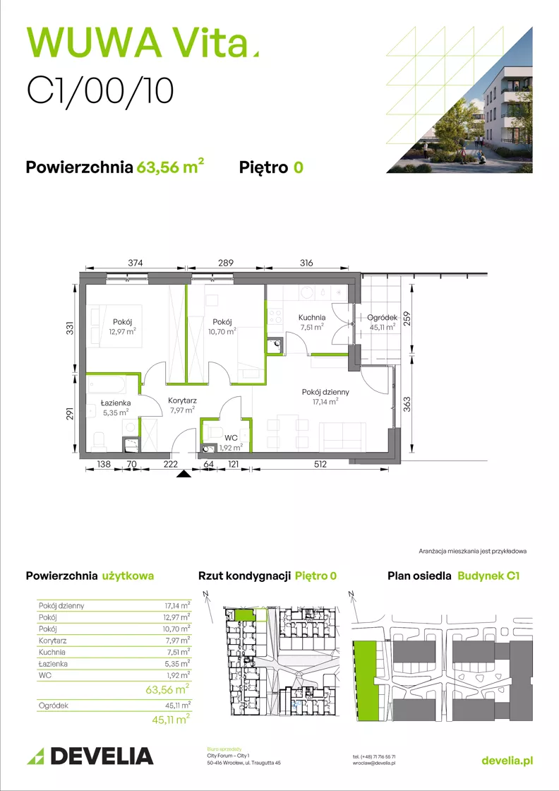 3 pokoje, mieszkanie 63,56 m², parter, oferta nr C1/00/10, WUWA Vita III, Wrocław, Żerniki, Fabryczna, ul. Maya