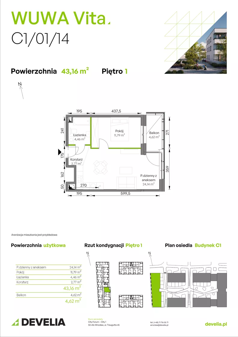 2 pokoje, mieszkanie 43,16 m², piętro 1, oferta nr C1/01/14, WUWA Vita III, Wrocław, Żerniki, Fabryczna, ul. Maya
