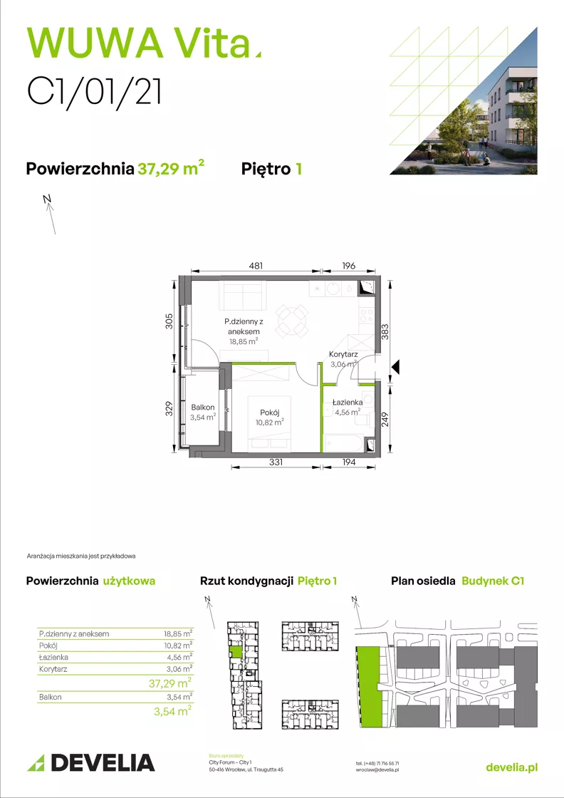 2 pokoje, mieszkanie 37,29 m², piętro 1, oferta nr C1/01/21, WUWA Vita III, Wrocław, Żerniki, Fabryczna, ul. Maya