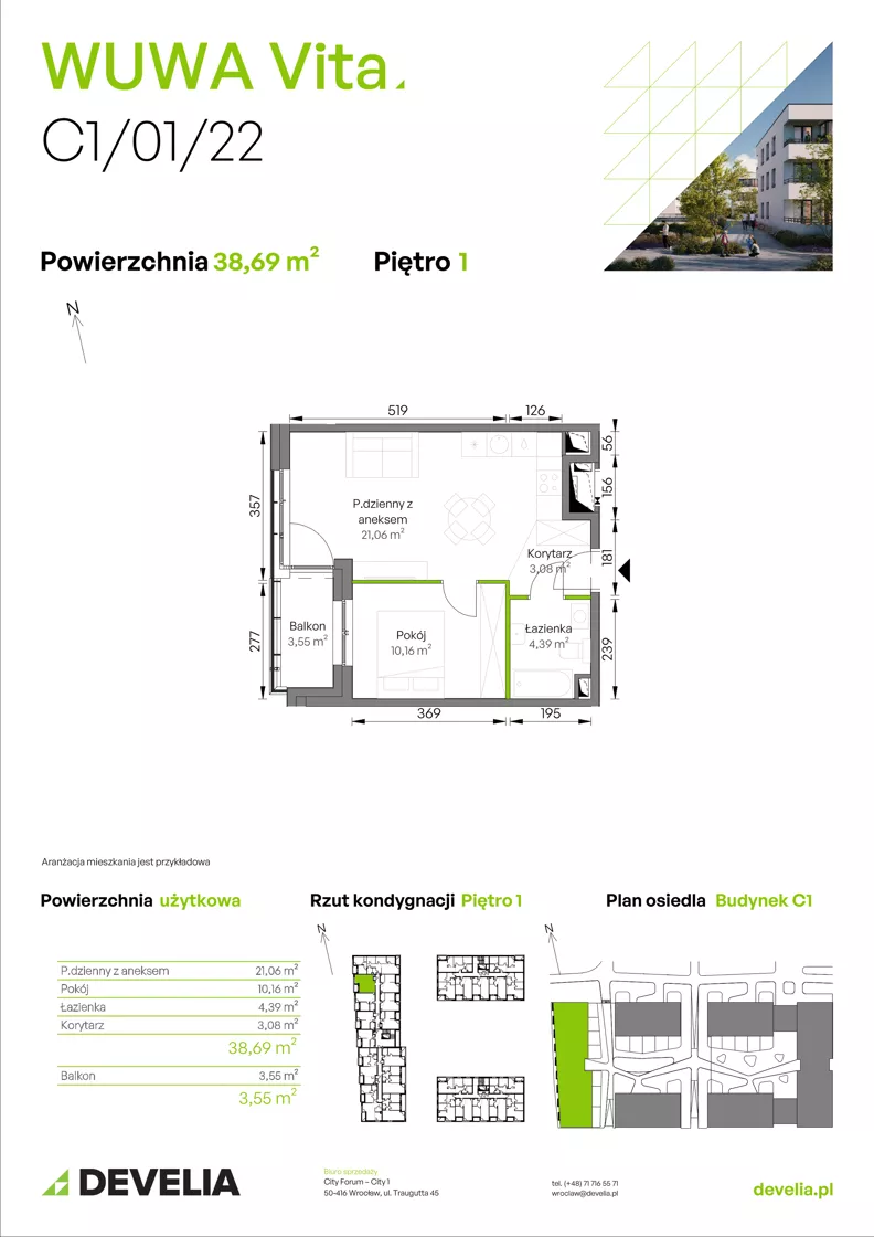 2 pokoje, mieszkanie 38,69 m², piętro 1, oferta nr C1/01/22, WUWA Vita III, Wrocław, Żerniki, Fabryczna, ul. Maya