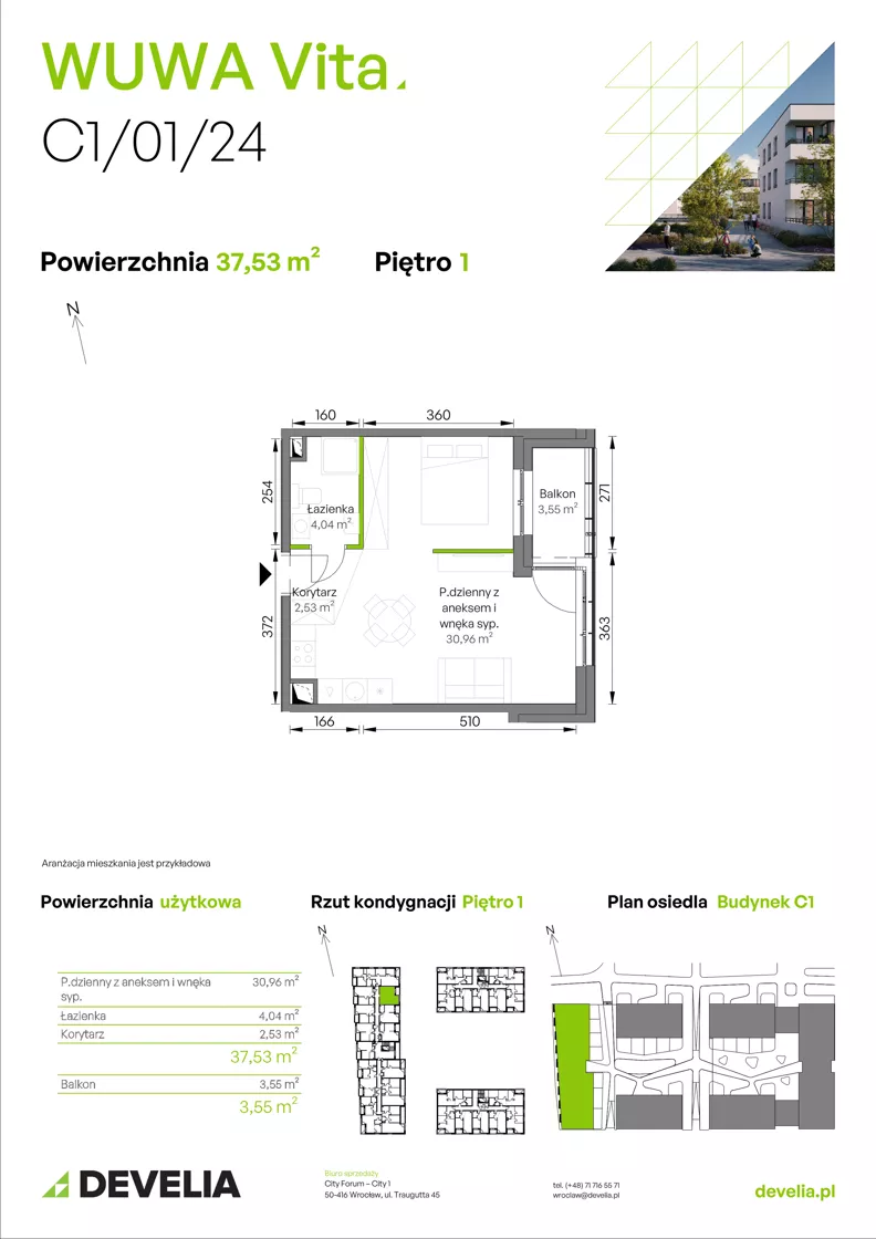1 pokój, mieszkanie 37,53 m², piętro 1, oferta nr C1/01/24, WUWA Vita III, Wrocław, Żerniki, Fabryczna, ul. Maya